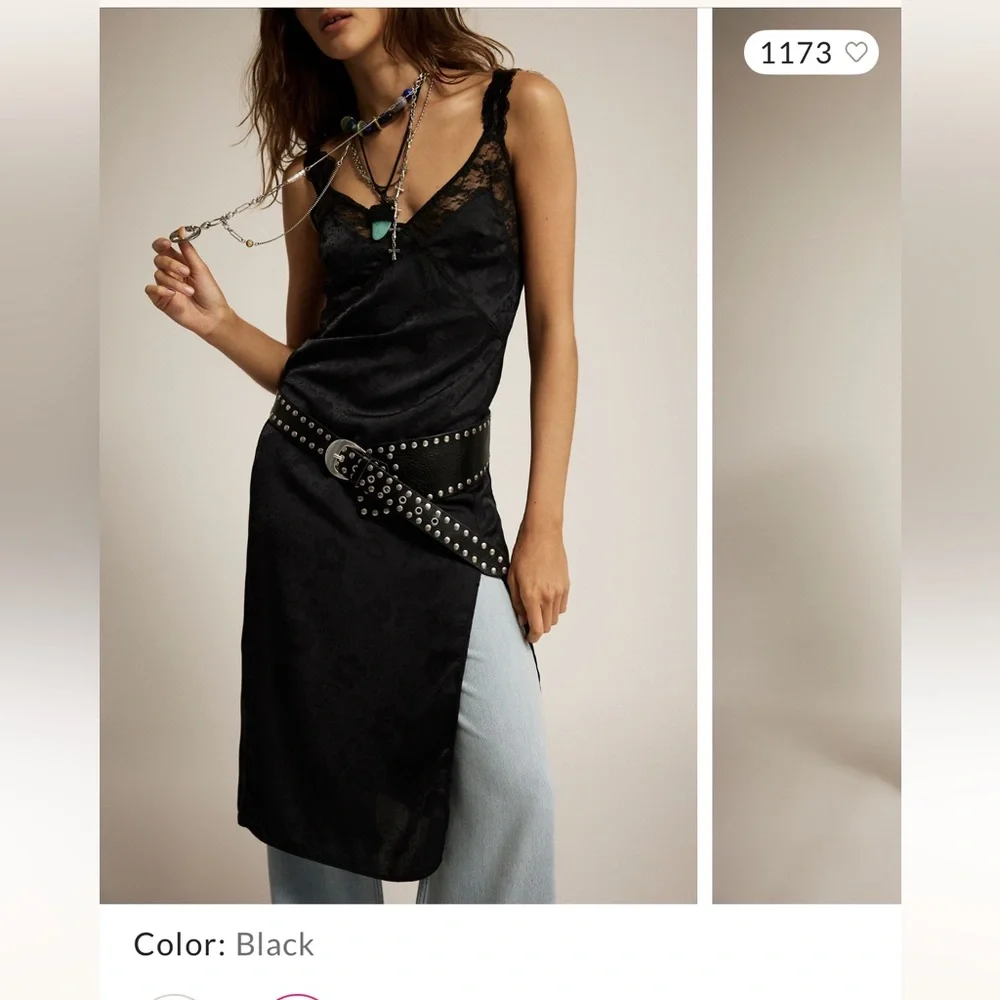 FREE PEOPLE TELL ME WHY MIDI SLIP DRESS BLACK SATIN LARGE